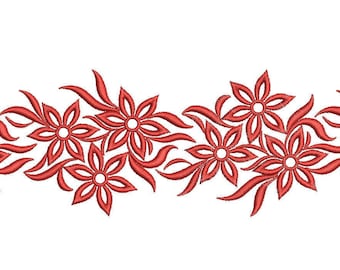 May include: A repeating floral design in a vibrant red hue. The design features stylized flowers with multiple petals and elongated, curved leaves. The flowers are arranged in a horizontal pattern against a white background, suitable for embroidery or fabric design.