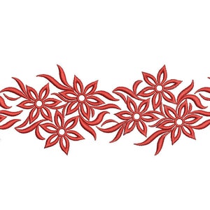 May include: A repeating floral design in a vibrant red hue. The design features stylized flowers with multiple petals and elongated, curved leaves. The flowers are arranged in a horizontal pattern against a white background, suitable for embroidery or fabric design.
