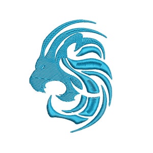 May include: A blue stylized lion head design. The design is abstract and has a swirling pattern.