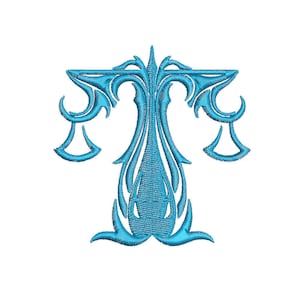 Op de afbeelding: Een blauwe gestileerde illustratie van het astrologische symbool voor Weegschaal, een weegschaal.