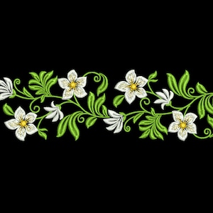 May include: Embroidered design of white flowers with yellow centers on green leafy vines. The design is perfect for adding a touch of elegance to any project.