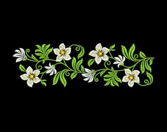 May include: Embroidered design featuring white flowers with yellow centres on green leafy vines. The design is ideal for adding a touch of elegance to any project.
