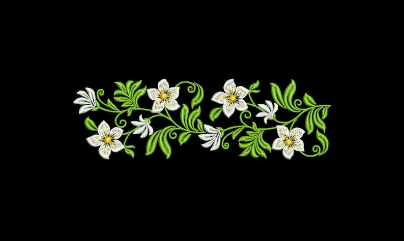 May include: Embroidered design of white flowers with yellow centers on green leafy vines. The design is perfect for adding a touch of elegance to any project.