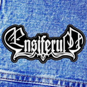 May include: A black and white embroidered patch with the word "Ensiferum" in a stylised font.