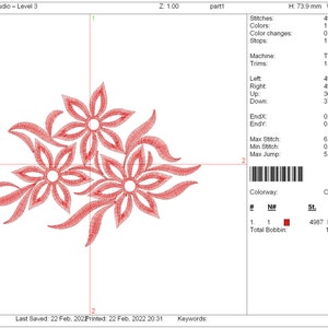 May include: A digital embroidery design showing three red stylized flowers with detailed petal outlines and leaves. The design is 99.6 mm wide and 73.9 mm high. The design includes the text "Wilcom EmbroideryStudio - Level 3".