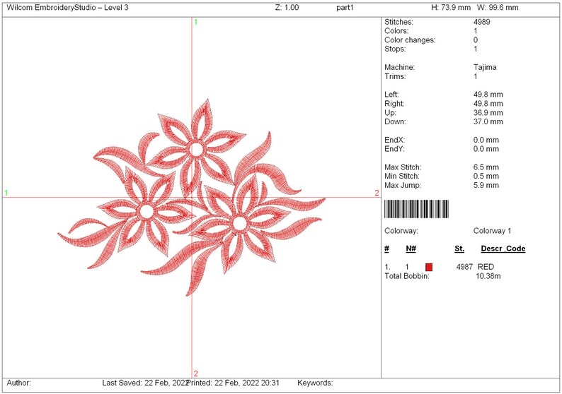 May include: A digital embroidery design showing three red stylized flowers with detailed petal outlines and leaves. The design is 99.6 mm wide and 73.9 mm high. The design includes the text "Wilcom EmbroideryStudio - Level 3".
