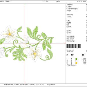 May include: A digital embroidery design featuring a floral motif with white flowers, yellow centers, and green leaves. The design is 60.9 mm high and 99.4 mm wide. The design requires 3 colors, 2 color changes, and 3 stops. The design is for a Tajima embroidery machine.