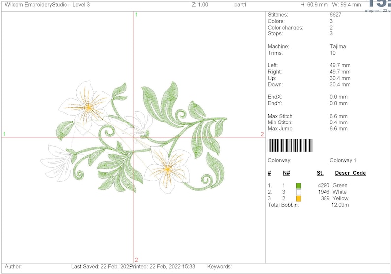 May include: A digital embroidery design featuring a floral motif with white flowers, yellow centers, and green leaves. The design is 60.9 mm high and 99.4 mm wide. The design requires 3 colors, 2 color changes, and 3 stops. The design is for a Tajima embroidery machine.