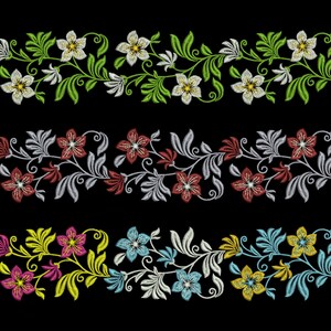 May include: Three embroidered floral borders with different colored flowers and leaves. The top border has white flowers and green leaves. The middle border has red flowers and silver leaves. The bottom border has pink, yellow, and blue flowers with green leaves.