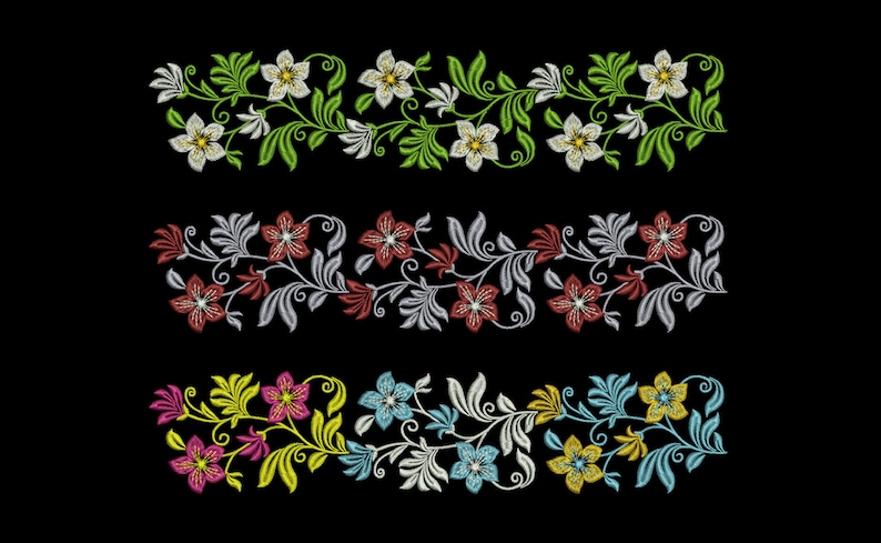 May include: Three embroidered floral borders with different colored flowers and leaves. The top border has white flowers and green leaves. The middle border has red flowers and silver leaves. The bottom border has pink, yellow, and blue flowers with green leaves.