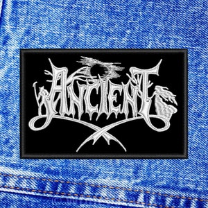May include: Black embroidered patch with the word "ANCIENT" in white lettering on a black background.