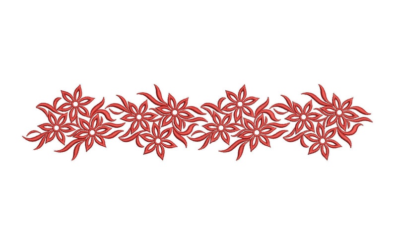 May include: A repeating floral design in a vibrant red hue. The design features stylized flowers with multiple petals and elongated, curved leaves. The flowers are arranged in a horizontal pattern against a white background, suitable for embroidery or fabric design.