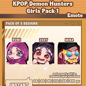 Girls Emote Pack Vol 1 – Rumi – Mira – Zoey – Kpop Demon Hunters –  Discord Twitch VTuber Emoji Set –Streaming Meme Icons – Digital PNG
