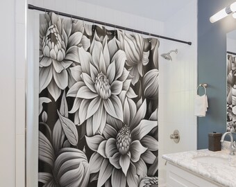 Black and White Floral Shower Curtain, Bathroom Decor Noir Home Decor, Black and White Shower Curtain, Modern Bathroom Decor, Dark Curtain