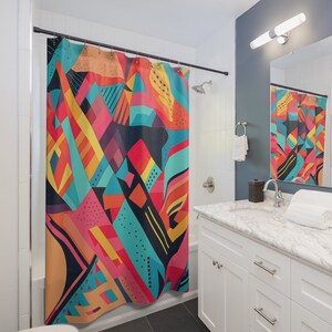 Abstract Shower Curtain Colorful Bath Decor, Artistic Bathroom Decor Shower Decor, Bright Bath Curtain, Retro Shower Curtain Bathroom Decor