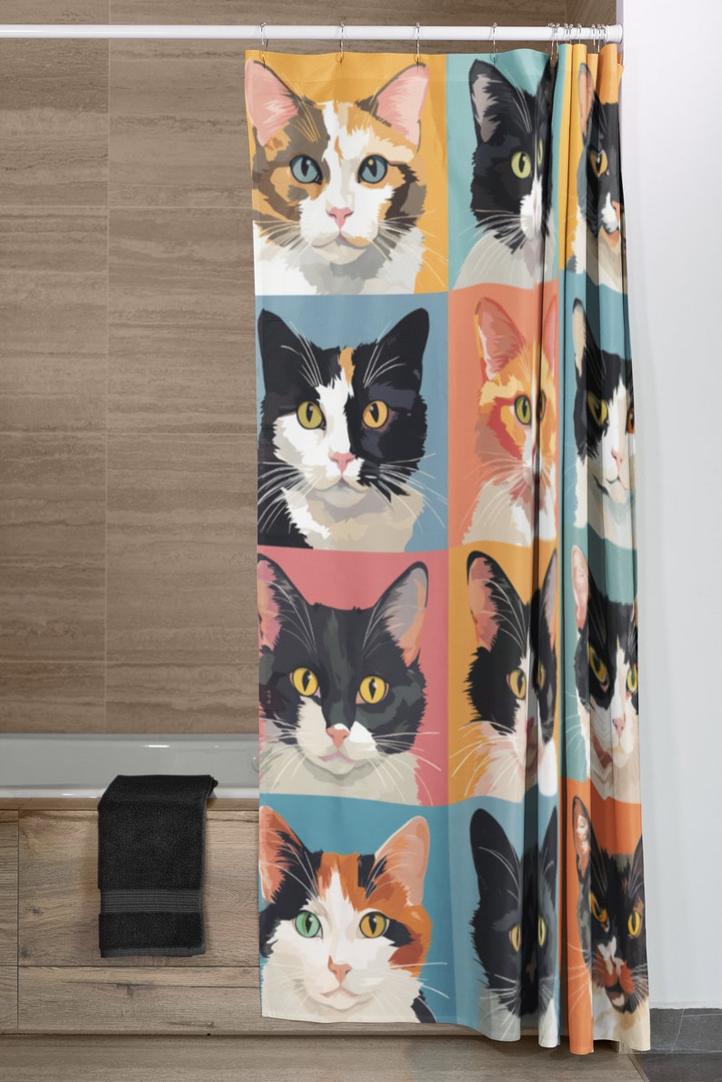 May include: A shower curtain with a colourful pop art design featuring multiple images of cats with different coloured fur. The cats are looking directly at the viewer.