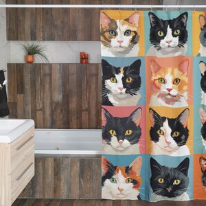 May include: A shower curtain featuring a colourful pattern of nine different cats with various fur colours and patterns. The cats are arranged in a grid pattern, with each cat occupying a square.