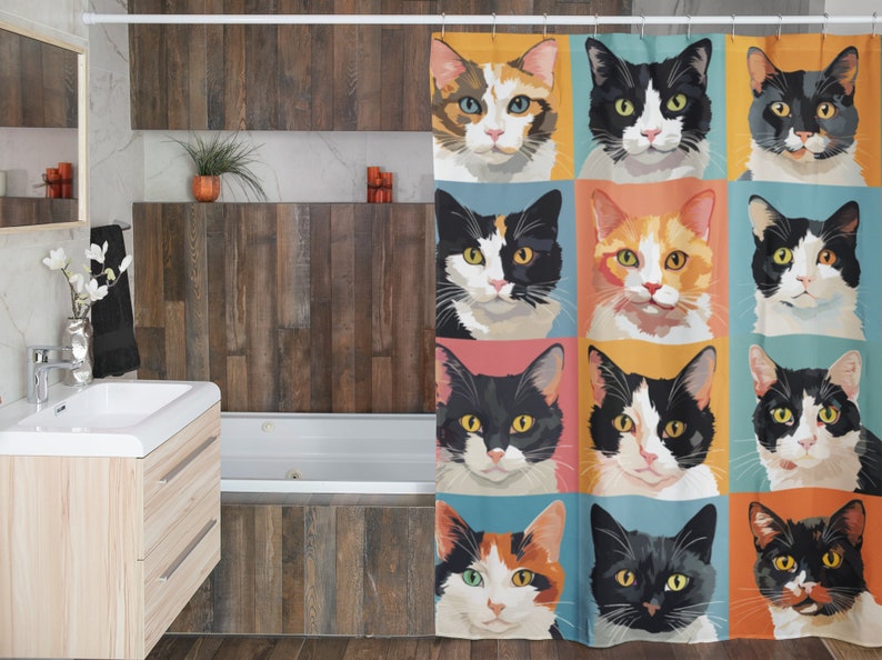 May include: A shower curtain featuring a colourful pattern of nine different cats with various fur colours and patterns. The cats are arranged in a grid pattern, with each cat occupying a square.