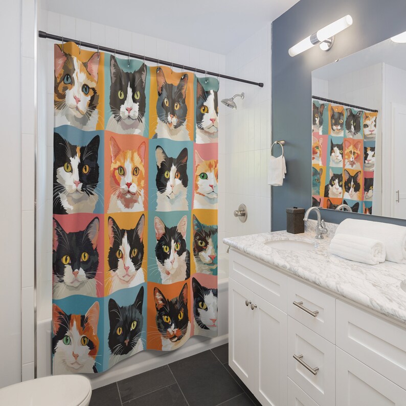 Cat Shower Curtain Cat Home Decor, Cat Lover Gift for Housewarming Gift, Cat Owner Gift, Cat Themed Home Decor Cat Bathroom Decor, Cat Gift image 5