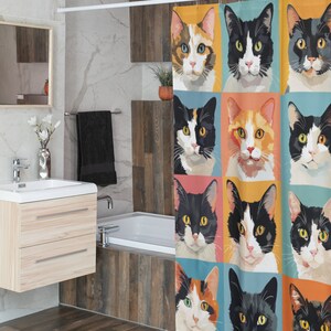 May include: A shower curtain featuring a colourful pop art design with nine different cat faces. Each cat has a unique colour scheme and expression, creating a playful and whimsical look.