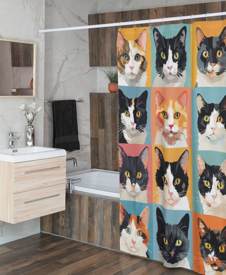 May include: A shower curtain featuring a colourful pop art design with nine different cat faces. Each cat has a unique colour scheme and expression, creating a playful and whimsical look.