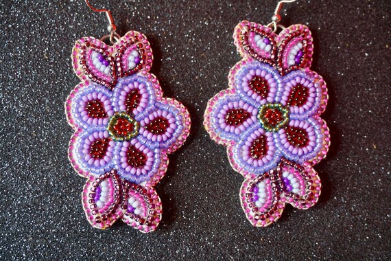 Beaded Leather Earrings beaded Flower Earrings metis Beaded Earrings metis Beadwork Etsy Canada