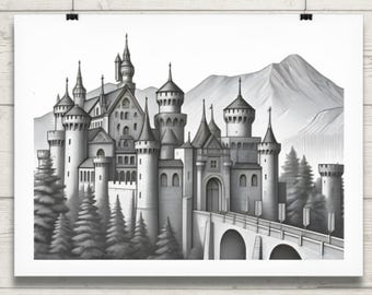 Póster enrollado con ilustración del Castillo Camelot / Érase una vez / Arte mural de fantasía / Boceto medieval