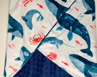 Personalized Baby Blanket with whales, Personalized Gift, Customized Baby Boy Minky Blanket, Newborn Baby Nautical Gift, Maritime Lovey