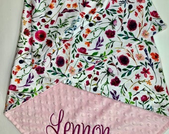 Personalized Baby Girl Floral Minky Blanket or Lovey - Personalized Baby Shower Gift - Customized Newborn Baby Girl Blanket or Lovey