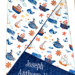 Personalized Nautical Baby Boy Blanket, Personalized Baby Gift, Baby Shower Gift, Maritime Toddler Blanket, Lovey or Blanket with Boats