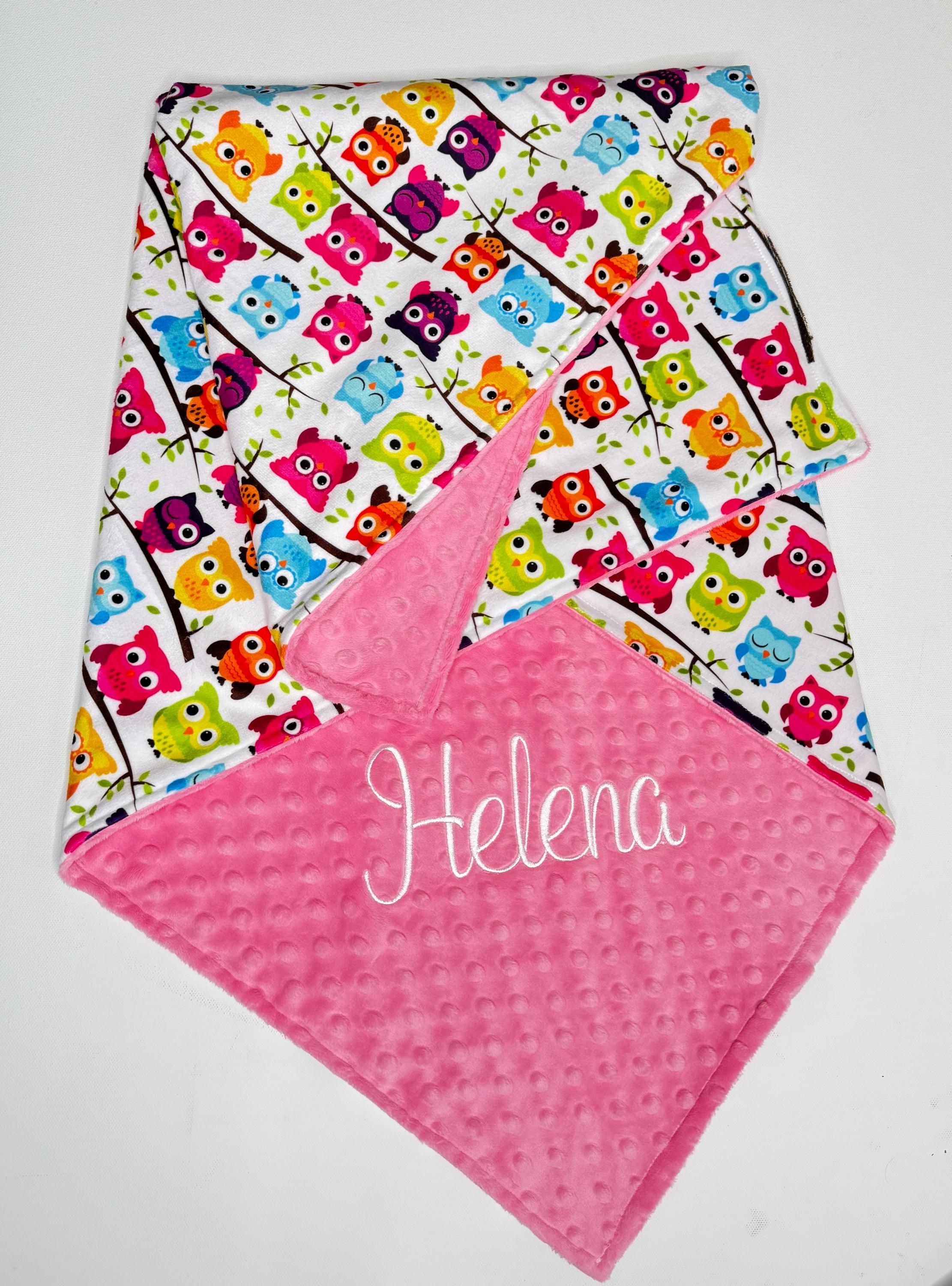 Personalized Pink Owl Baby Blanket, Custom Monogrammed Toddler Lovey