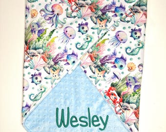 Personalized Sea Animals Minky Baby Blanket, Nautical Shower Gift, Under the Sea Decor Gift, Gender Neutral Baby Blanket or Lovey, Maritime