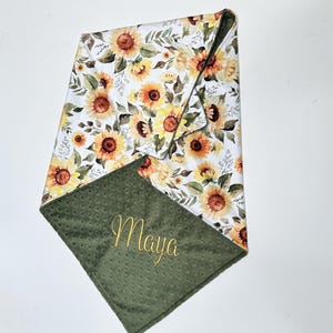 Sunflower Personalized Baby Girl Blanket, Baby Shower Gift, Baby Girl Sunflower Lovey or Swaddle, Toddler Floral Blanket, New Baby Girl Gift