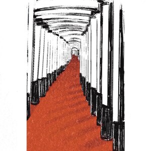 May include: A black and white ink illustration depicting a long, narrow corridor lined with vertical pillars on both sides. A vibrant, solid red path stretches through the center of the hallway, leading toward a distant, vanishing point at the end.