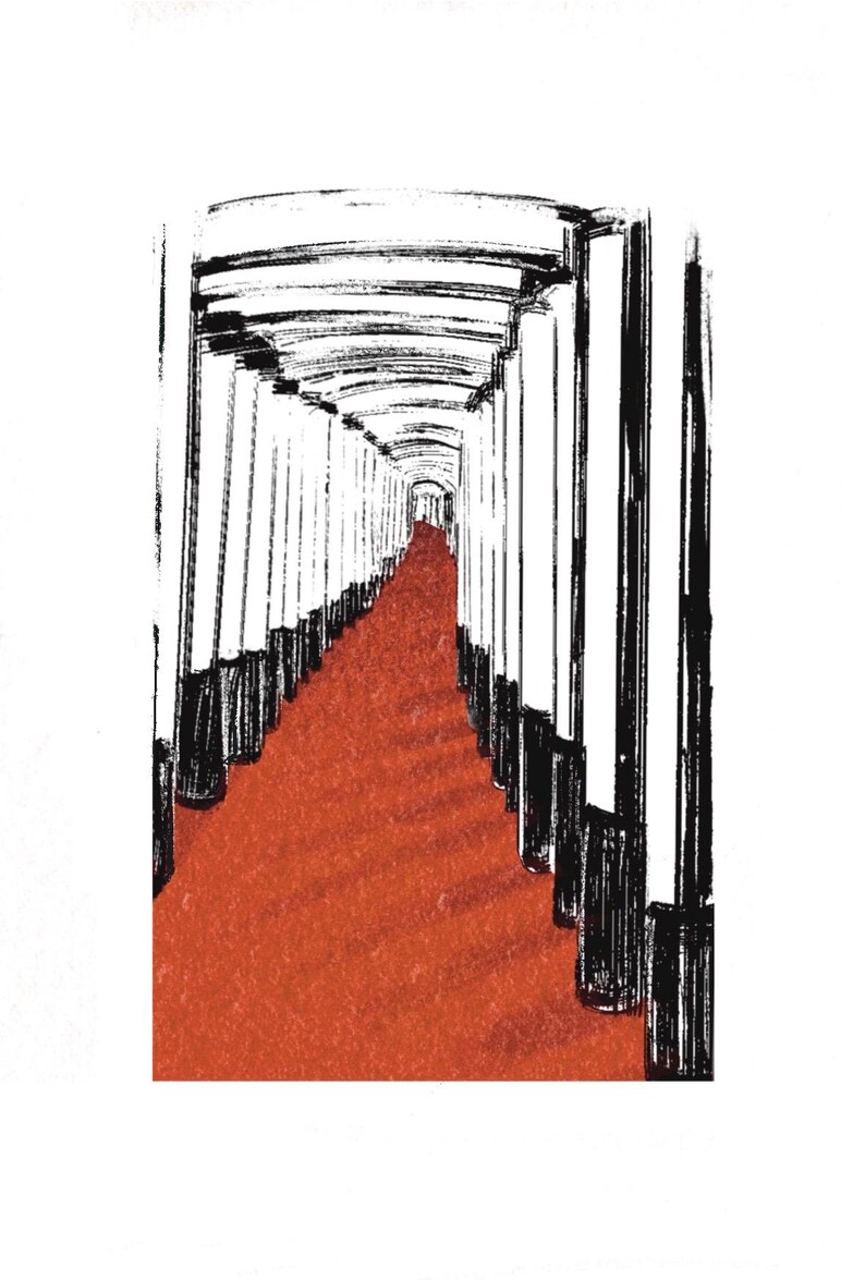May include: A black and white ink illustration depicting a long, narrow corridor lined with vertical pillars on both sides. A vibrant, solid red path stretches through the center of the hallway, leading toward a distant, vanishing point at the end.