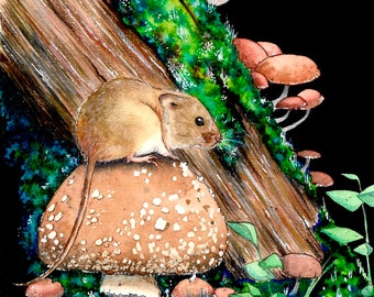 May include: Watercolor painting of a mouse perched on a large mushroom with white spots. Brown and tan mushrooms grow on a mossy log. Green grass and leaves surround the mushrooms, set against a black background.
