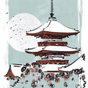 May include: A stylized illustration of a multi-tiered pagoda in red, white, and black against a pale blue background. A large white circular moon sits behind the structure, with a flock of small black birds flying to the left of the pagoda.