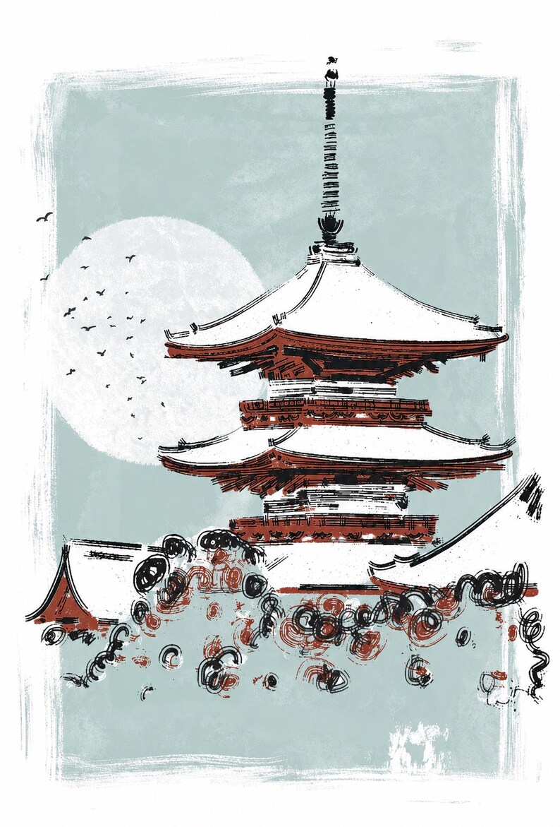 May include: A stylized illustration of a multi-tiered pagoda in red, white, and black against a pale blue background. A large white circular moon sits behind the structure, with a flock of small black birds flying to the left of the pagoda.