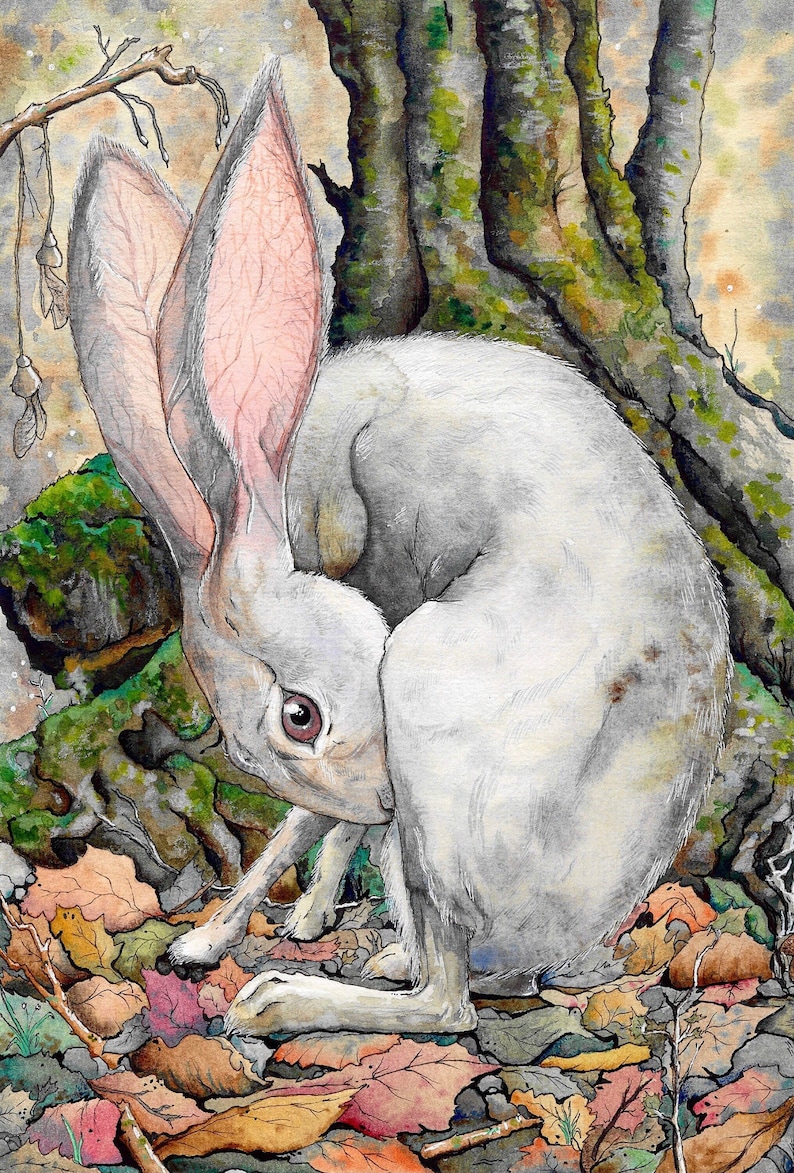 May include: A white rabbit with large pink ears sits in a forest setting. The rabbit is surrounded by fallen leaves and is nestled against a tree trunk. The background is a watercolor painting of a forest scene.