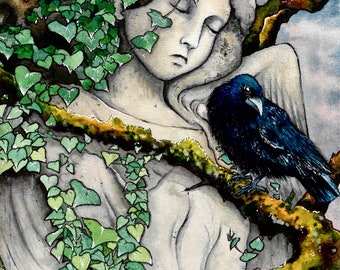 May include: Watercolor painting of a serene figure with closed eyes, adorned with green ivy. A dark blue raven perches on a moss-covered branch. The artwork evokes a mystical, natural theme.