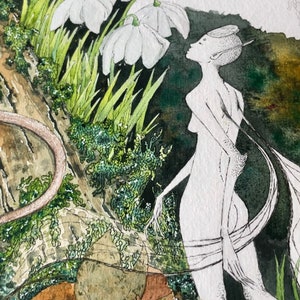 May include: Watercolor illustration featuring a fantasy scene with a white figure, a gray rat, and white flowers. The artwork has a natural, earthy color palette with green foliage and brown leaves. The figure is slender with long, flowing hair.