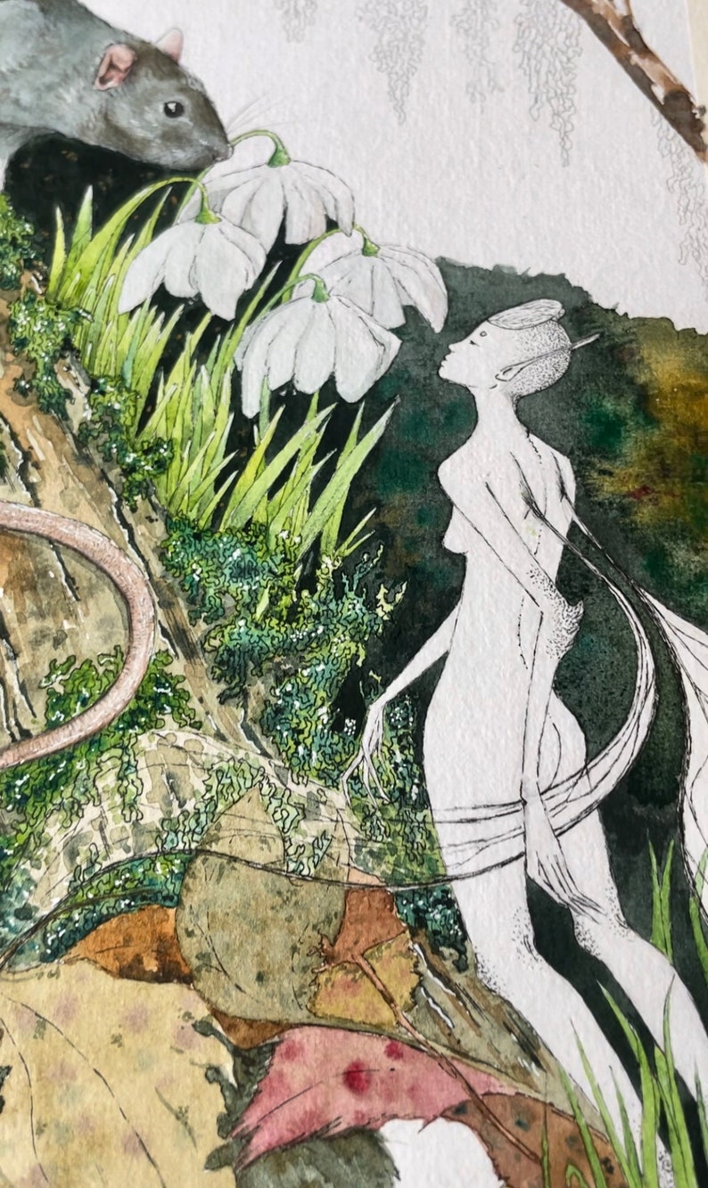 May include: Watercolor illustration featuring a fantasy scene with a white figure, a gray rat, and white flowers. The artwork has a natural, earthy color palette with green foliage and brown leaves. The figure is slender with long, flowing hair.