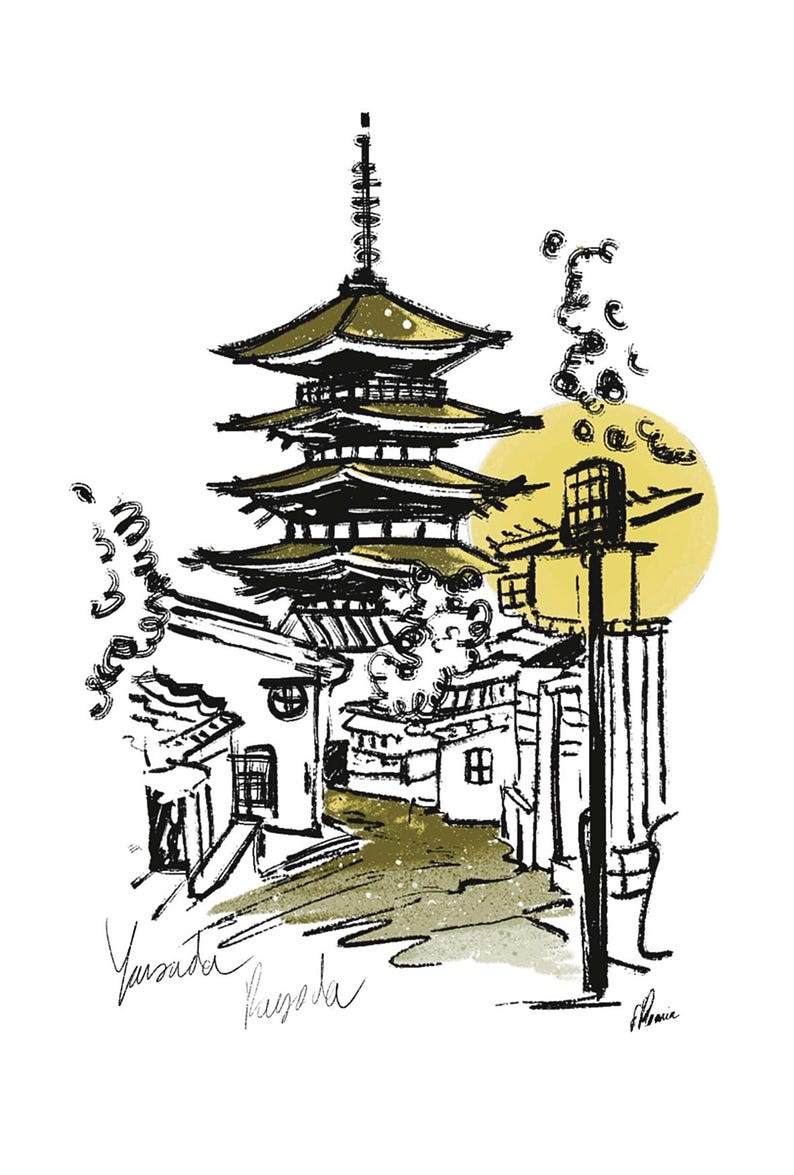 Puede incluir: Una ilustraci&oacute;n en tinta negra y dorada de una pagoda de varios niveles sobre edificios tradicionales. Un gran c&iacute;rculo amarillo representa el sol en el fondo. El texto Yasaka Pagoda est&aacute; escrito en cursiva en la parte inferior izquierda.