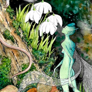 May include: Watercolor illustration of a fairy in a forest setting. A gray rat sniffs white flowers near a tree trunk. A green fairy with wings looks up. The scene includes green grass, moss, and fallen leaves.