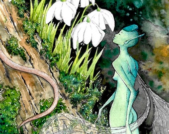 May include: Watercolor illustration of a fairy in a forest setting. A gray rat sniffs white flowers near a tree trunk. A green fairy with wings looks up. The scene includes green grass, moss, and fallen leaves.