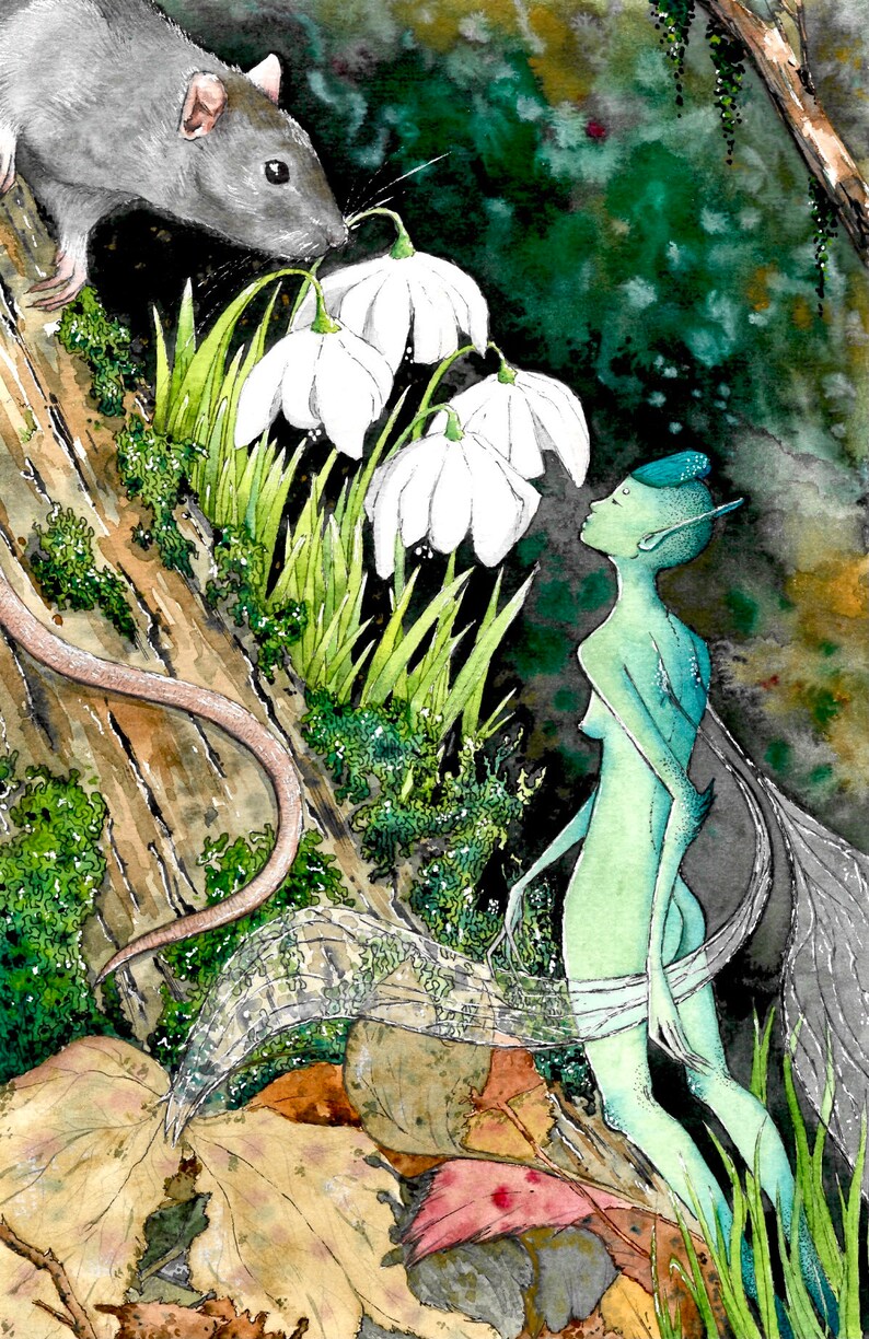 May include: Watercolor illustration of a fairy in a forest setting. A gray rat sniffs white flowers near a tree trunk. A green fairy with wings looks up. The scene includes green grass, moss, and fallen leaves.