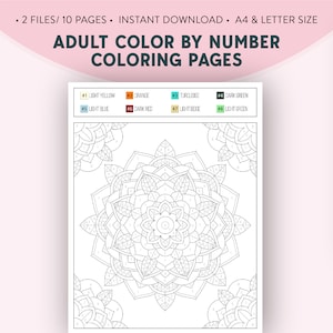 May include: A black and white mandala design with numbers for a colour by number colouring page. The numbers correspond to a colour key with eight different colours: light yellow, orange, turquoise, dark green, light blue, dark red, light beige, and light green. The title "Adult Colour By Number Colouring Pages" is at the top of the page. The text "Printable Pack" is at the bottom of the page with the text "Designed by: Seven Days Printables" below it.