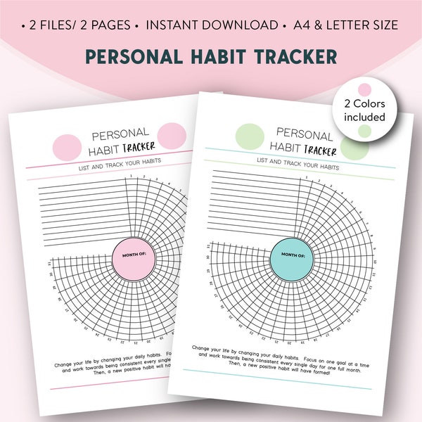 Habit Tracker Printable, Daily Habit Tracker, Monthly Circle Habit Tracker, Personal Habit Tracker, Personal Goal Planner, Digital Download