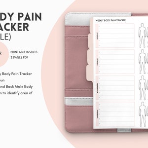 May include: A pink and white planner with a gold binder. The planner has a page with a weekly body pain tracker, with a front and back male body diagram to identify areas of pain. The text "Weekly Body Pain Tracker" is at the top of the page.