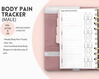 Body pain tracker (Male) weekly  Daily pain log Printable health tracker Chronic pain diary Medical inserts Symptoms tracker, A4, USA Letter